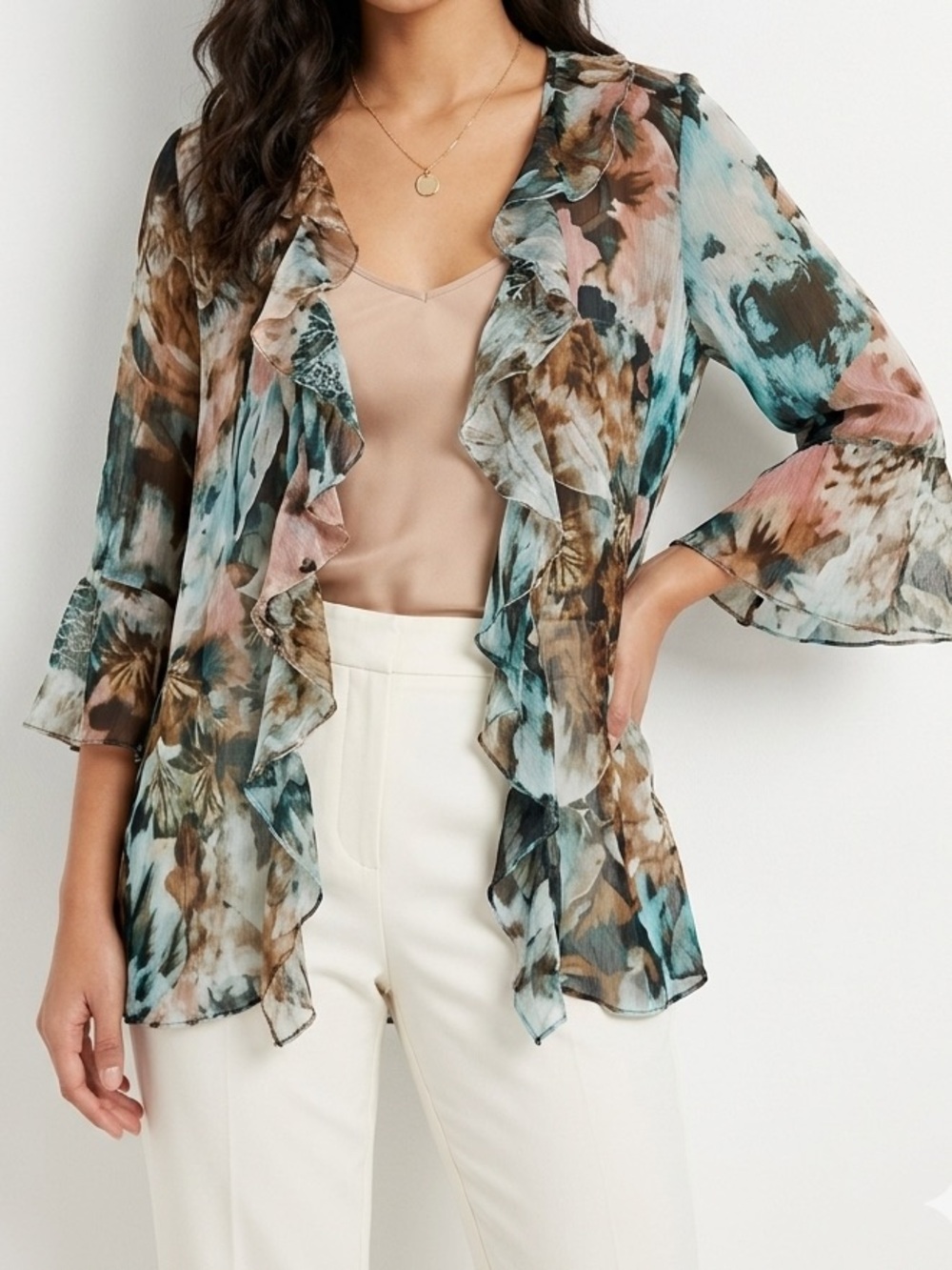 Soft Surroundings Sheer Floral Ruffle Tunic - Blue Green Brown